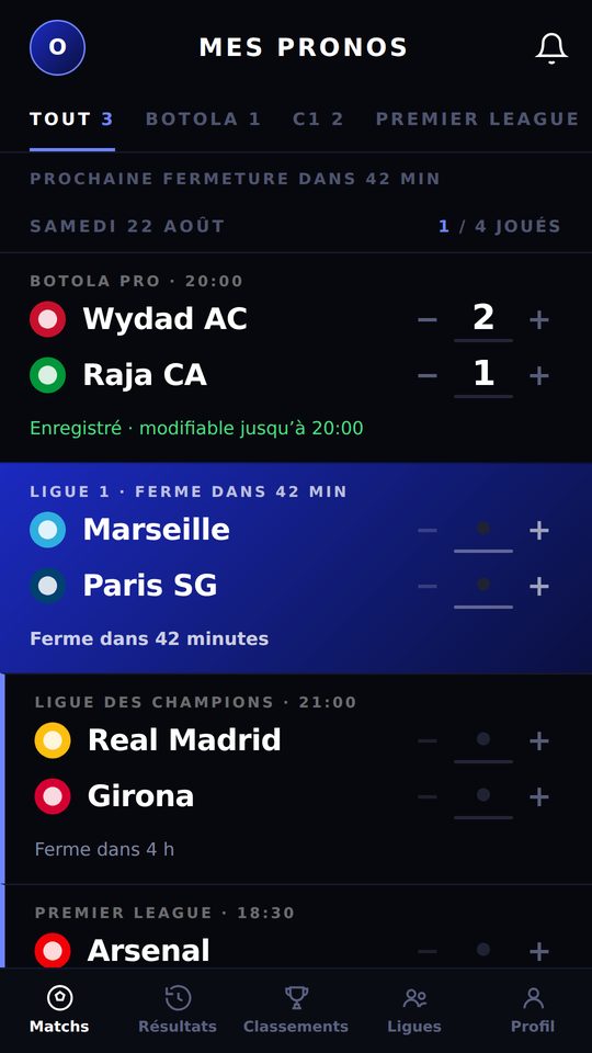 La liste des matchs du jour dans RivalPush